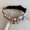 Detail view of the brown plaid headband featuring a textured resin square buckle on top - Brown Gray Plaid Style (27367E)