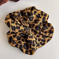 Detailed view of leopard print scrunchie with soft chiffon texture and elastic design - Yellow Tan Leopard Large Style (25987B)