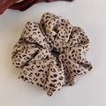Macro shot of leopard print scrunchie with soft chiffon texture and pleated design - Light Khaki Leopard Chiffon Pleats (27375A)