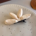 Dettaglio ravvicinato del fermaglio per capelli in tessuto crema su piatto minimalista - Beige