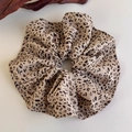Detailed close-up of leopard print scrunchie with soft chiffon texture and folded ruffles - Beige Black Leopard Large Chiffon (27375C)