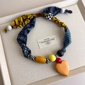Detail of leopard print silk scarf necklace with wooden heart pendant and beads - Thick Heart Style (27413C)