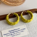 Detail of yellow-green velvet wrapped C-shaped hoop earrings with spiral texture - Yellowish Green (27427B)