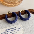 Detail of dark blue velvet wrapped geometric hoop earrings with vintage gold pins - Blue (27427C)