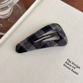 Detail of triangle BB hair clip with black and grey plaid fabric and teardrop cutout - Black Plaid Triangle Style