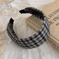 Macro detail of plaid tweed headband with silver beads and non-slip inner grip - Grey Plaid