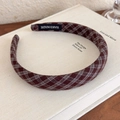 Detail of handmade vintage plaid headband with brown check pattern and fabric label - Coffee Plaid