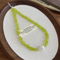 Olive green stone beaded necklace with baroque pearl drop and adjustable clasp - Olive Green & White