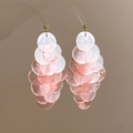 Detailed view of pink shell layered tassel earrings with iridescent mother of pearl glow - Orange Pink