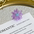 Macro detail of handmade purple beaded flower charm with crystal facets on card - Purple Radial Flower Style (27059-12)