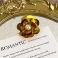 Detailed macro view of handmade gold sequin flower shoe charm with a large pearl center - Golden Sequin Double-petal Flower Style (27059-39)