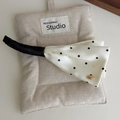 Polka dot satin banana hair clip with elegant white silk fabric and golden tag - Beige Black Polka Dot