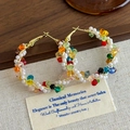 Detail of bohemian hoop earrings featuring colorful crystals and white pearls wrapping - Pearl Crystal Full Wrapped Style (27147A)