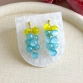 Détail de boucles d'oreilles en perles forme raisin avec pierres œil de chat jaune et bleu - Bleu
