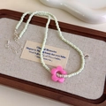 Cute pink flower pendant beaded necklace in mint green for women summer fashion accessory - Mint Green With Pink Flower