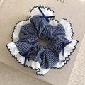 Detailed texture of blue checkered scrunchie with lace edges and ribbon bows - Dark Blue Small Plaid Round Style