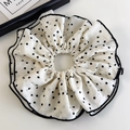 Detail of oversized white chiffon scrunchie with black polka dots and contrast edging - Beige Polkadot (26481A)