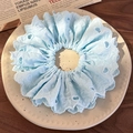 Detailed embroidery of light blue lace scrunchie with heart patterns on ceramic plate - Blue