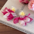 Pink chiffon floral drop earrings for women with layered 3D petals and yellow center - Pink 3D Flower