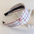 Close-up of pink and blue plaid hair hoop with a 3D heart and handmade woven label - Pink Plaid Headband