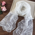 White vintage lace embroidery scarf with floral patterns and scalloped edges - White