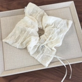 Detail of cream lace scrunchie with polka dot mesh and silver bead accent detail - Off White
