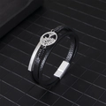 Pulsera multicapa de cuero trenzado negro con dije de árbol de la vida y cierre magnético - Color Acero