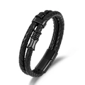 Zweilagiges geflochtenes Lederarmband für Herren mit schwarzem Magnetverschluss im Stil - Schwarz