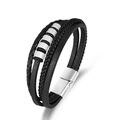 Minimalistisches mehrlagiges schwarzes Lederarmband mit verzierten Silberperlen und Verschluss - Stahlfarben