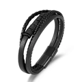 Mehrlagiges schwarzes geflochtenes Lederarmband für Herren mit Perlen und Magnetverschluss - Schwarz