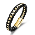 Pulsera de cuero trenzado negro para hombre con cadena de acero dorado y cierre magnético - Dorado