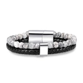 Bracciale da uomo a doppio strato con perle di marmo grigio, pelle intrecciata e fibbia - Howlite