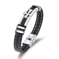 Pulsera de hombre en cuero negro con cruz de acero inoxidable y costuras en contraste - Negro