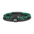 Bracciale a doppio strato con perline occhio di tigre verdi e pelle intrecciata nera - Malachite