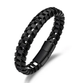 Pulsera de cuero trenzado para hombre con cierre magnético de acero negro - Negro