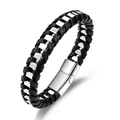 Pulsera trenzada de cuero negro para hombre con inserciones de metal y cierre magnético - Color Acero