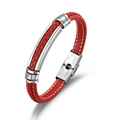 Rotes geflochtenes Lederarmband mit weißer Naht und poliertem Edelstahlverschluss - Rot