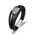 Pulsera multicapa de cuero trenzado para hombre con brújula vikinga y cierre magnético de metal - Negro