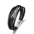 Mehrlagiges Herren-Lederarmband in Schwarz mit Edelstahl-Sternkompass und Magnetverschluss - Schwarz