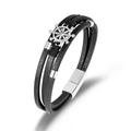Bracelet multicouche en cuir noir pour homme avec gouvernail argenté et fermoir magnétique - Couleur Acier