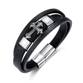 Men's multi-layer black leather bracelet with silver metal cross and magnetic clasp - Steel