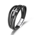 Bracciale multistrato da uomo in pelle nera intrecciata con pendente a croce in argento - Color Acciaio