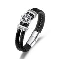 Pulsera de cuero trenzado para hombre con timón plateado y cierre magnético - Color Acero