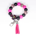 Fuchsia and leopard silicone bead keychain with cross charm and pink leather tassel - Leopard Print Purple / Purple