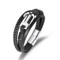 Bracelet multicouche en cuir tressé noir avec ancre en acier inoxydable argenté pour homme - Argenté