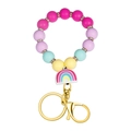 Rainbow silicone bead keychain with golden rhinestone accents and lobster clasp - Rose Red