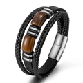 Men's multi-layer black leather bracelet with natural tiger eye stone and magnetic clasp - Black