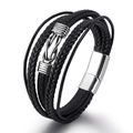 Multi-layer black braided leather bracelet for men featuring a silver infinity knot buckle - Black