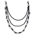 Detail van drielaagse matzwarte punk broekketting met metalen spikes en karabijnshaken - Zwart
