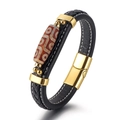 Bracciale da uomo in pelle nera intrecciata con perlina etnica e chiusura dorata - Nero 3